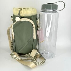 Garven Hydration Crossbody‎ Bag with 1000mL Water Bottle Green Beige Check Strap